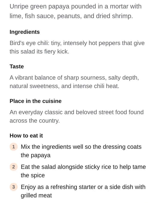 The Thai papaya salad sheet: ingredients, taste “sharp sourness, salty depth, natural sweetness, intense chili heat”, place in the cuisine, and three “How to eat it” steps.